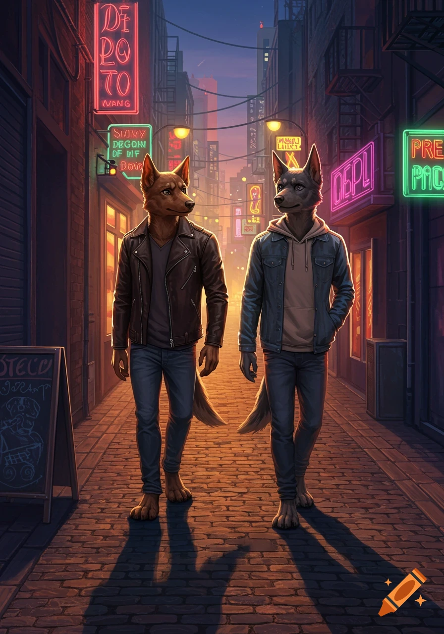 Two anthropomorphic dog-like figures in human clothes walk along a dimly lit city street at night, illuminated by neon signs.