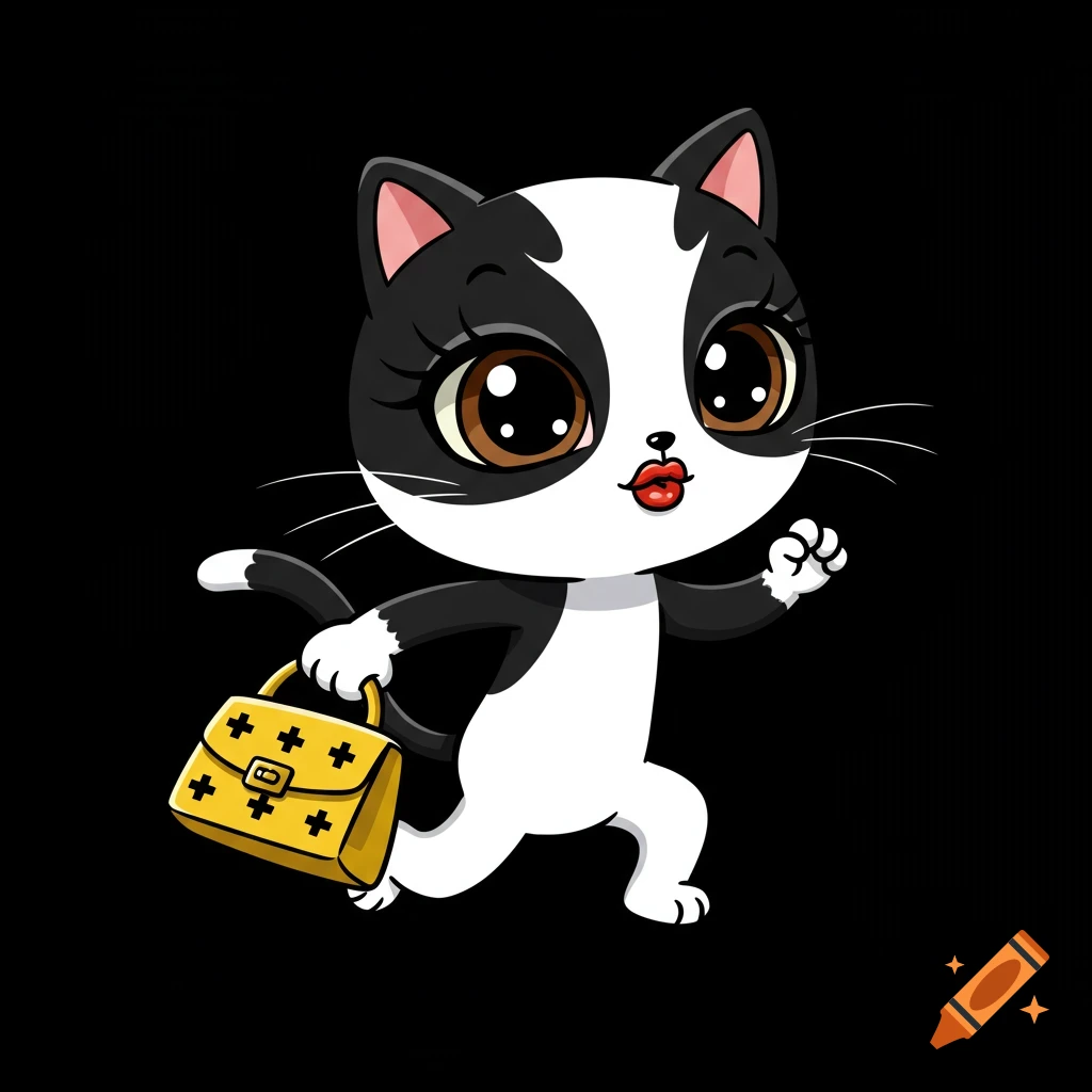 A graphic design style cartoon black and white cat with large eyes and pink lips holds a yellow handbag while walking.