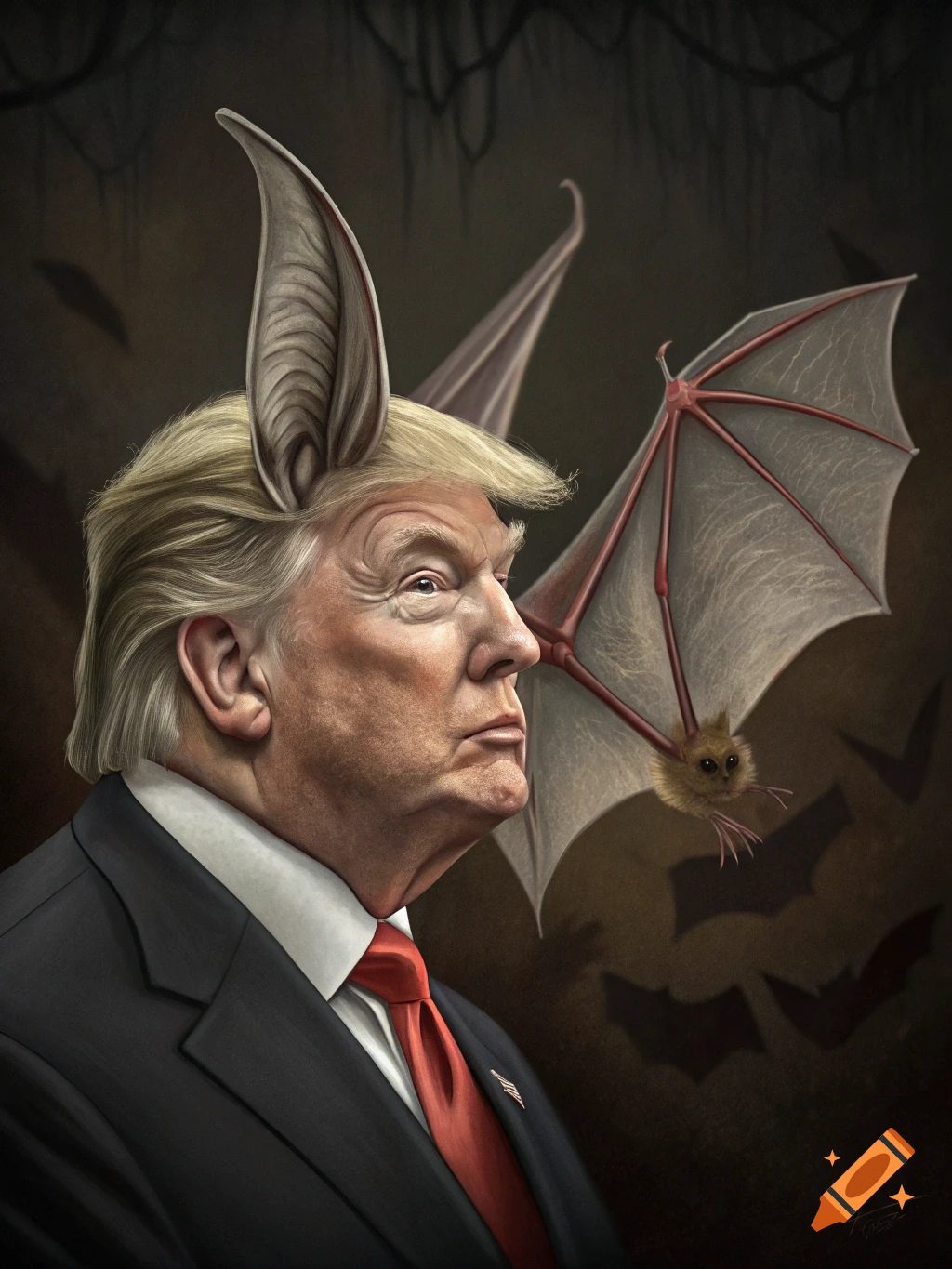 A highly detailed, realistic painting of Donald Trump with large bat ears, a small bat flying next to him, against a dark, cave-like background.