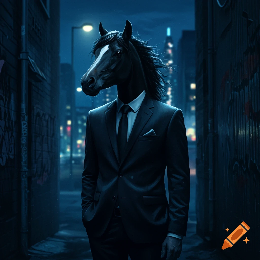 A photorealistic image of a man in a dark suit with a horse's head, standing in a dimly lit urban alley at night.