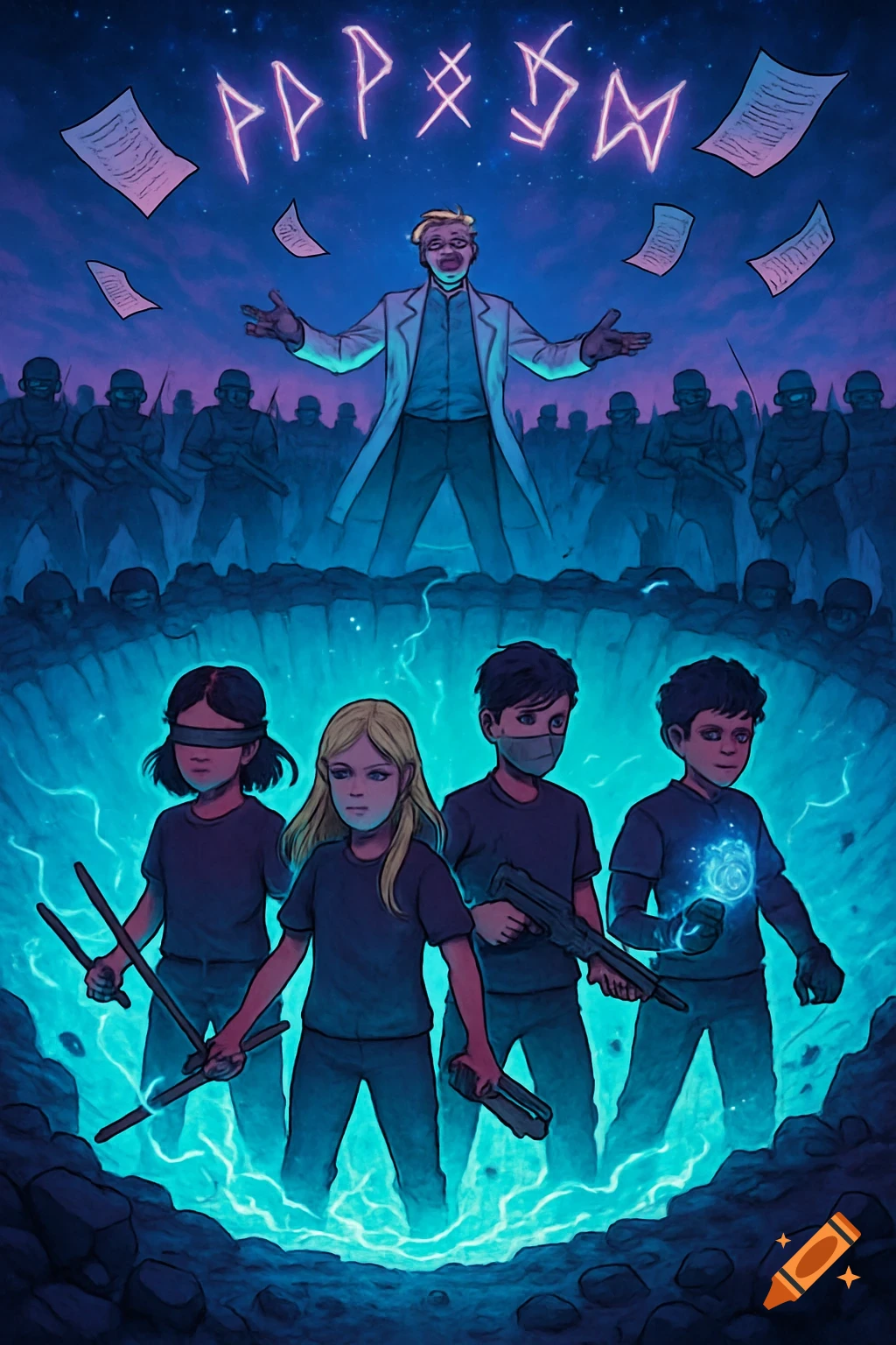 An illustrated scene of four children with powers standing in a glowing crater, facing an army and a man in a lab coat under a night sky with glowing runes and papers.