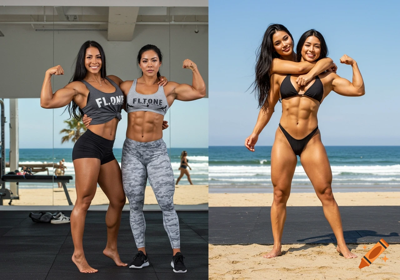 Two muscular women pose in gym wear and bikinis, one scene in a gym, another at a sunny beach.