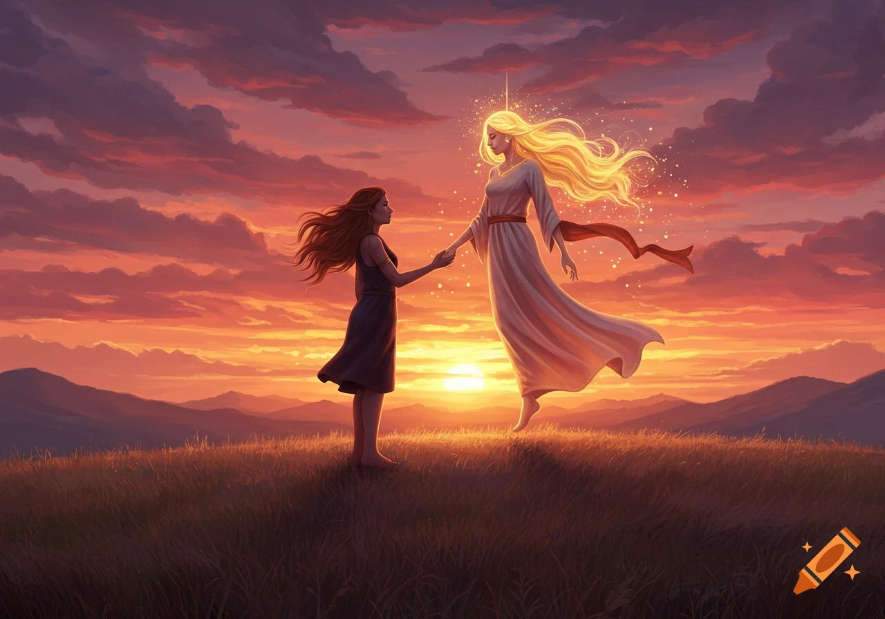Two women, one glowing and floating, hold hands on a hill at sunset, with a vibrant orange and purple sky.