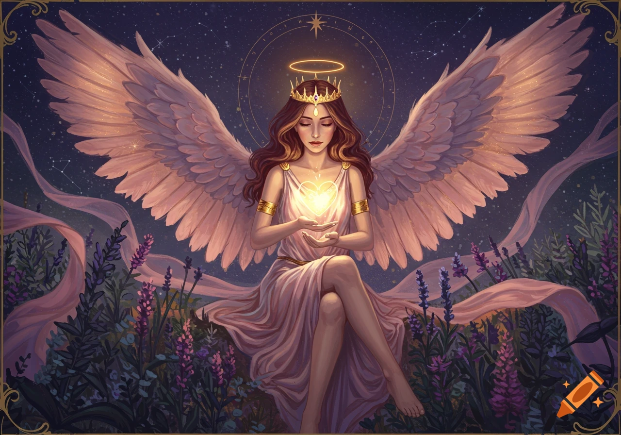 An ethereal winged figure with a halo and crown sits in a field of lavender holding a glowing heart under a starry night sky.