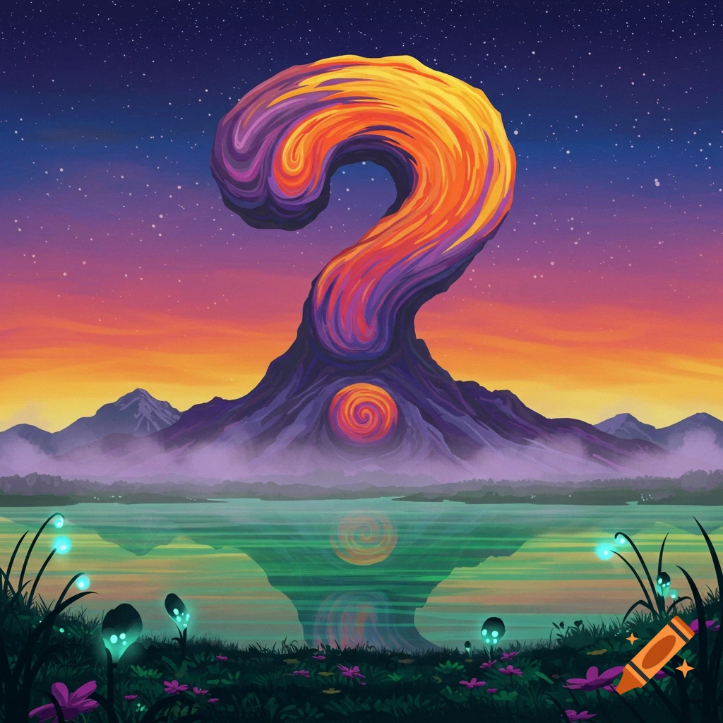 A vibrant, stylized landscape featuring a large, swirling question mark as a central mountain under a starry, colorful sky.