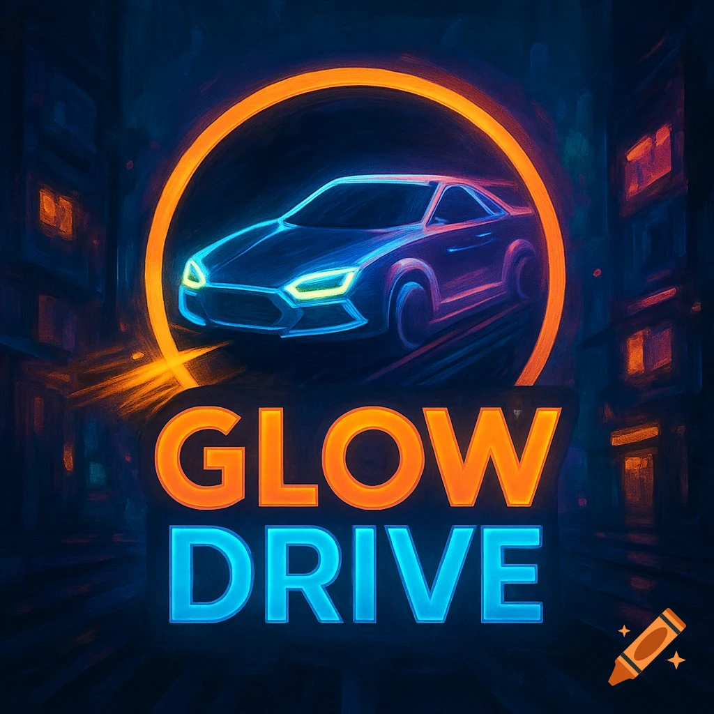 A neon-style logo with 'GLOW DRIVE' text below a glowing blue car within an orange circle, set against a dark city background.