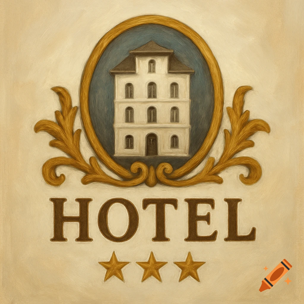 A vintage-style hotel logo featuring a building in an oval frame, ornate gold flourishes, the word 'HOTEL', and three gold stars below.