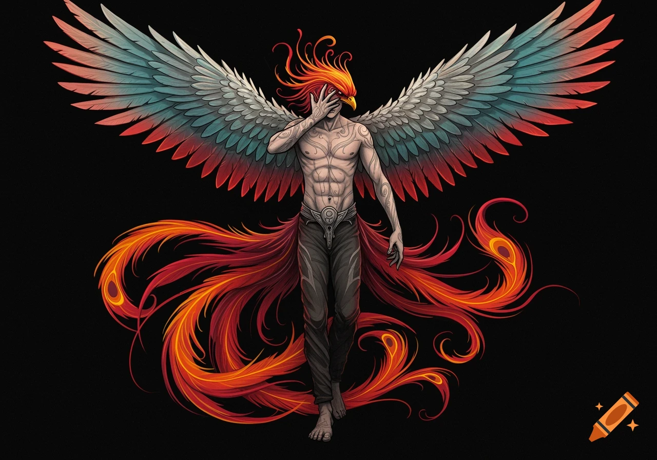 An illustrative tattoo design of a shirtless man with a phoenix head covering his face, vibrant wings, and a fiery tail.