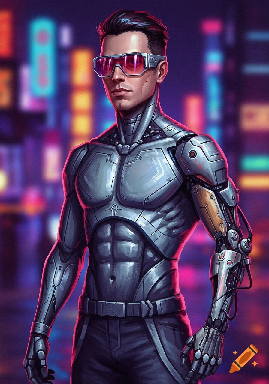 A man in futuristic silver armor with a mechanical left arm and pink-lensed sunglasses stands against a blurred neon city background, acrylic painting style.