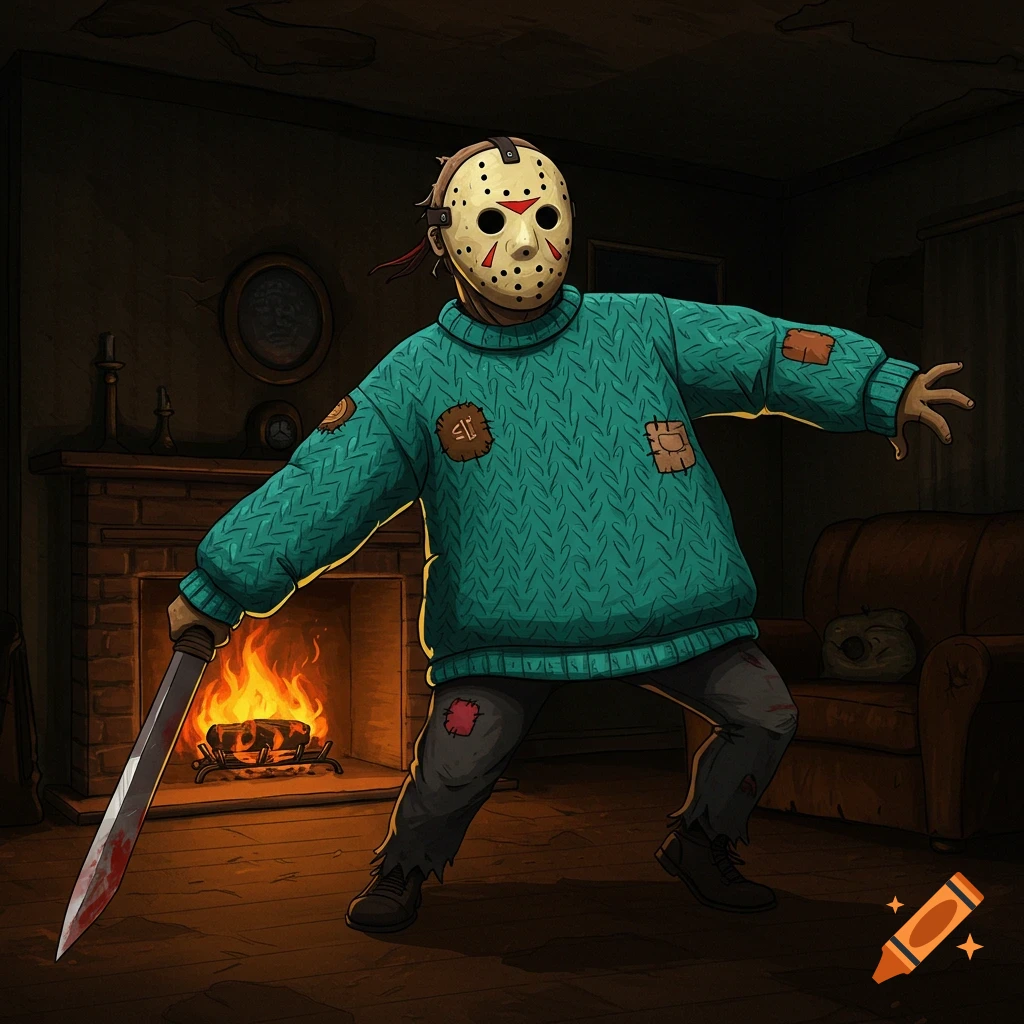 A cartoonish illustration of Jason Vorhees wearing a teal sweater and hockey mask, holding a bloody machete in a dim room with a fireplace.
