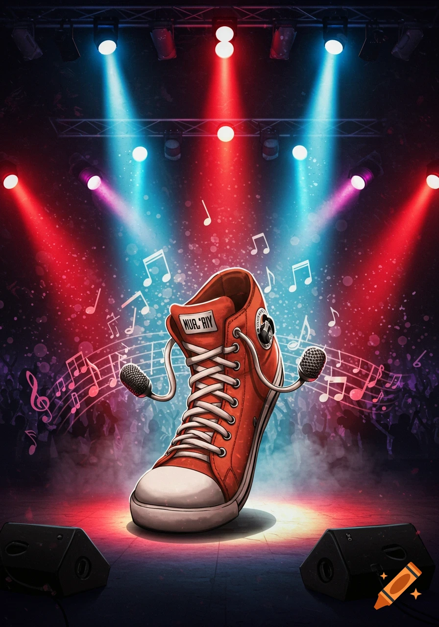 Cartoon red high-top sneaker with microphones on a stage with spotlights and musical notes.