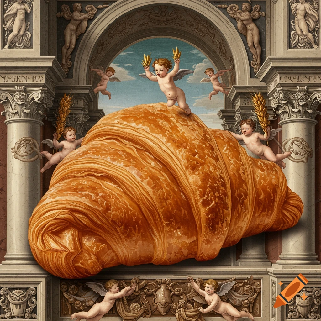 A giant croissant is depicted in a renaissance painting style, with cherubs flying around and on top of it within an ornate architectural setting.