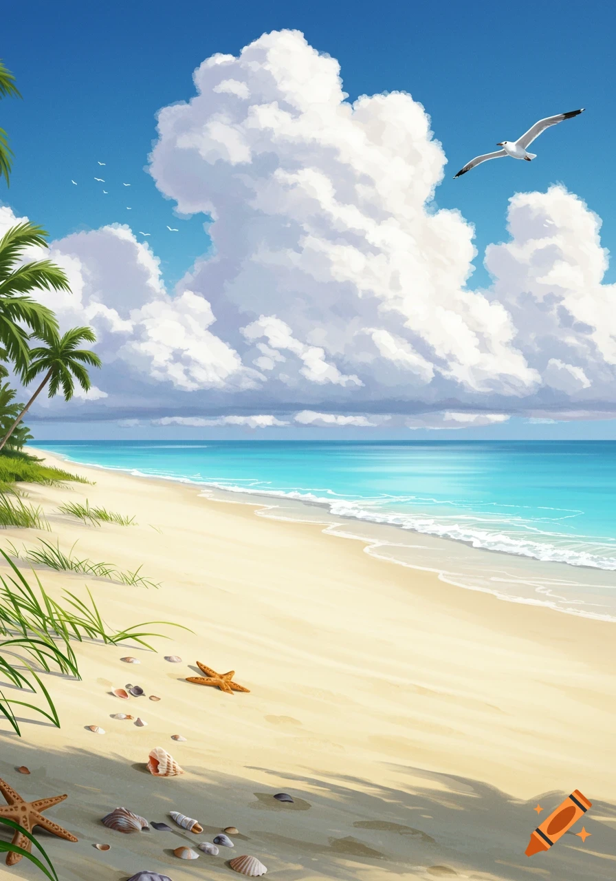 A beautiful sunny beach scene with turquoise ocean, white sand, palm trees, and fluffy clouds, with a seagull flying overhead.