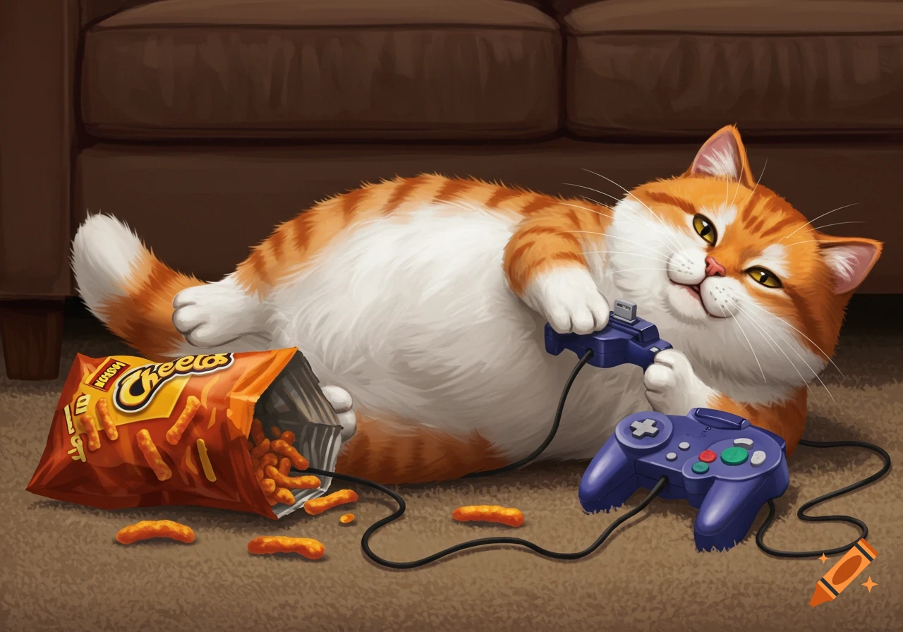 A chonky orange and white cat lies on its back, playing a video game with a purple controller next to an open bag of Cheetos on the carpet.