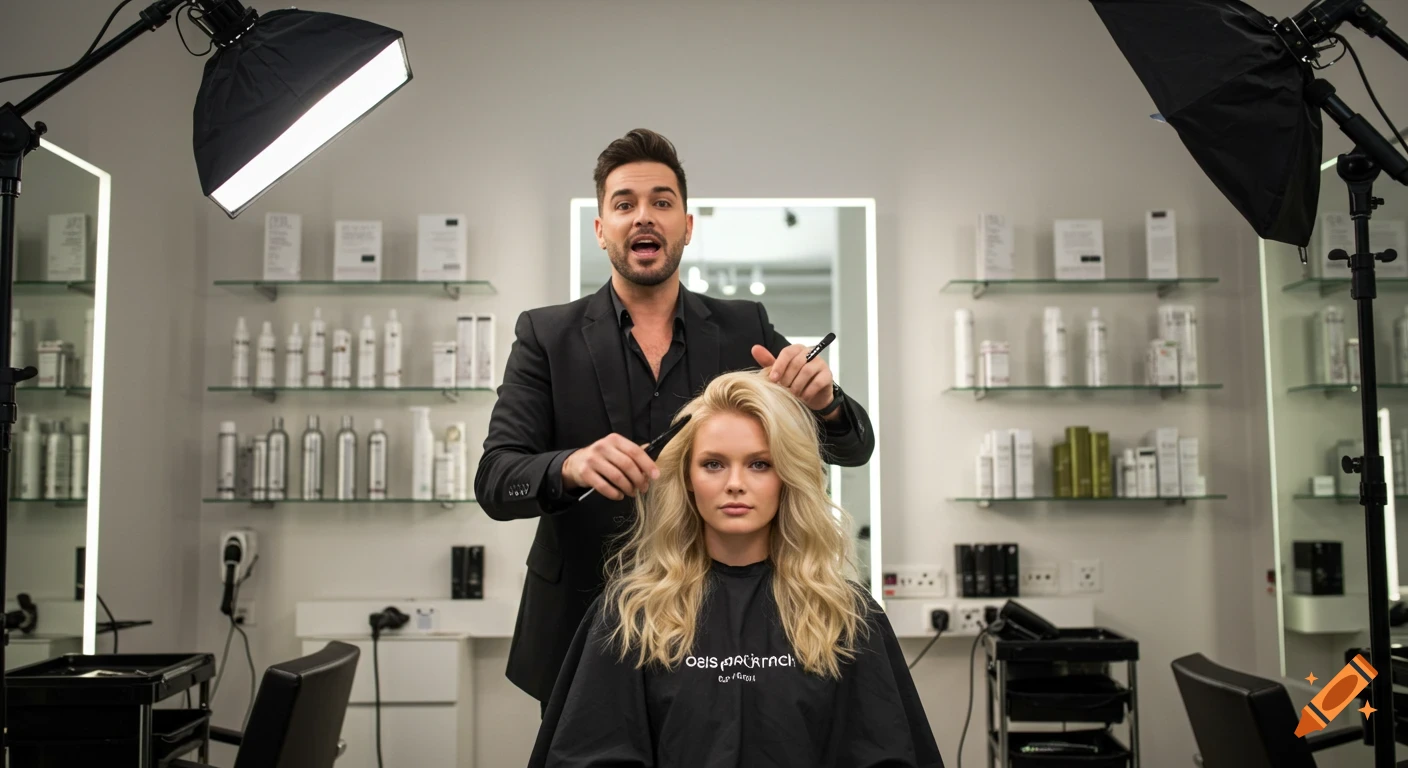 A male hairstylist styles a female model's blonde hair in a modern salon, with lighting equipment around them.