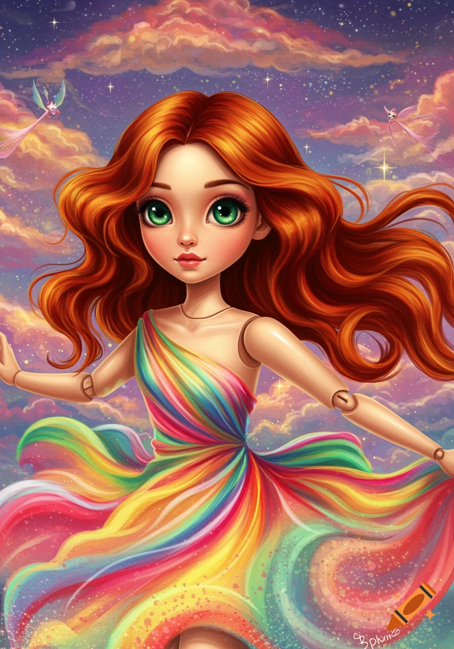 A whimsical doll with long red hair and big green eyes wears a vibrant rainbow dress, standing against a colorful, starry cloudscape.