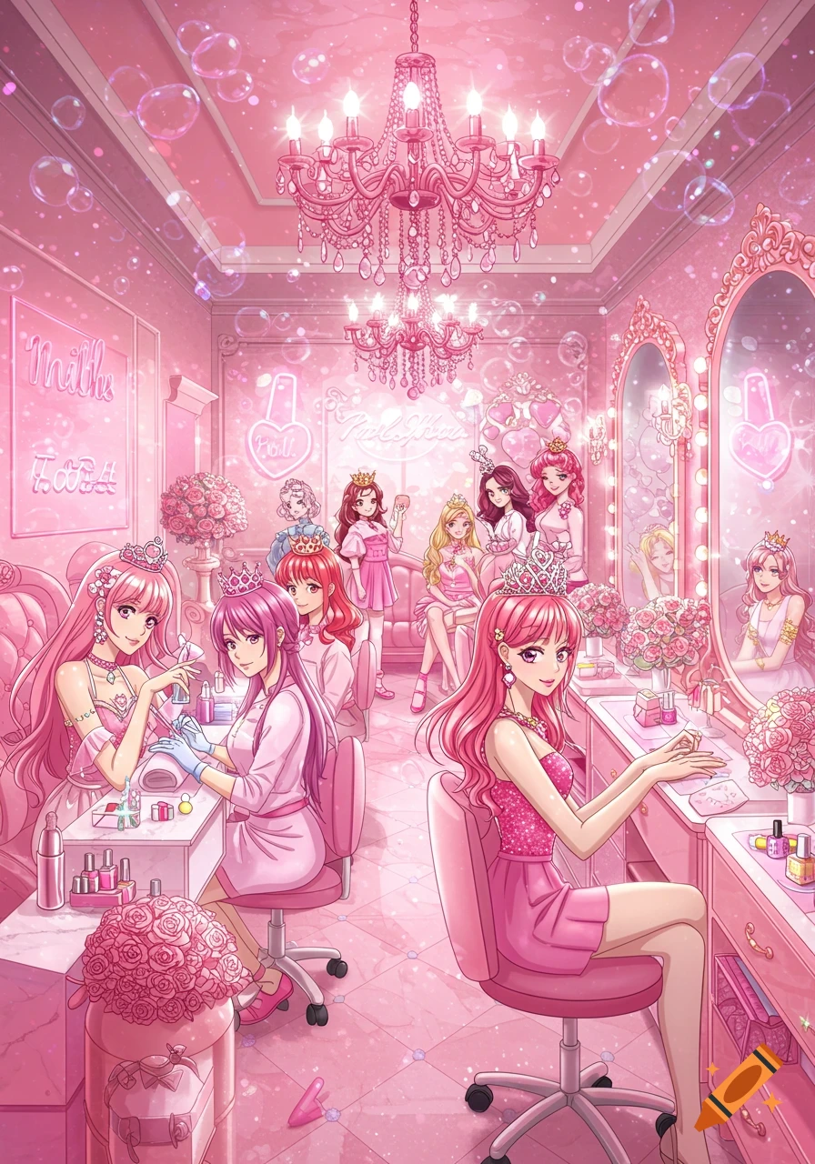 Anime illustration of women wearing tiaras getting manicures and doing makeup in a luxurious pink nail salon.