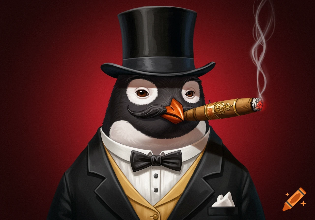 A sophisticated anthropomorphic penguin in a black tuxedo and top hat, with a mustache, smoking a cigar, against a red background.