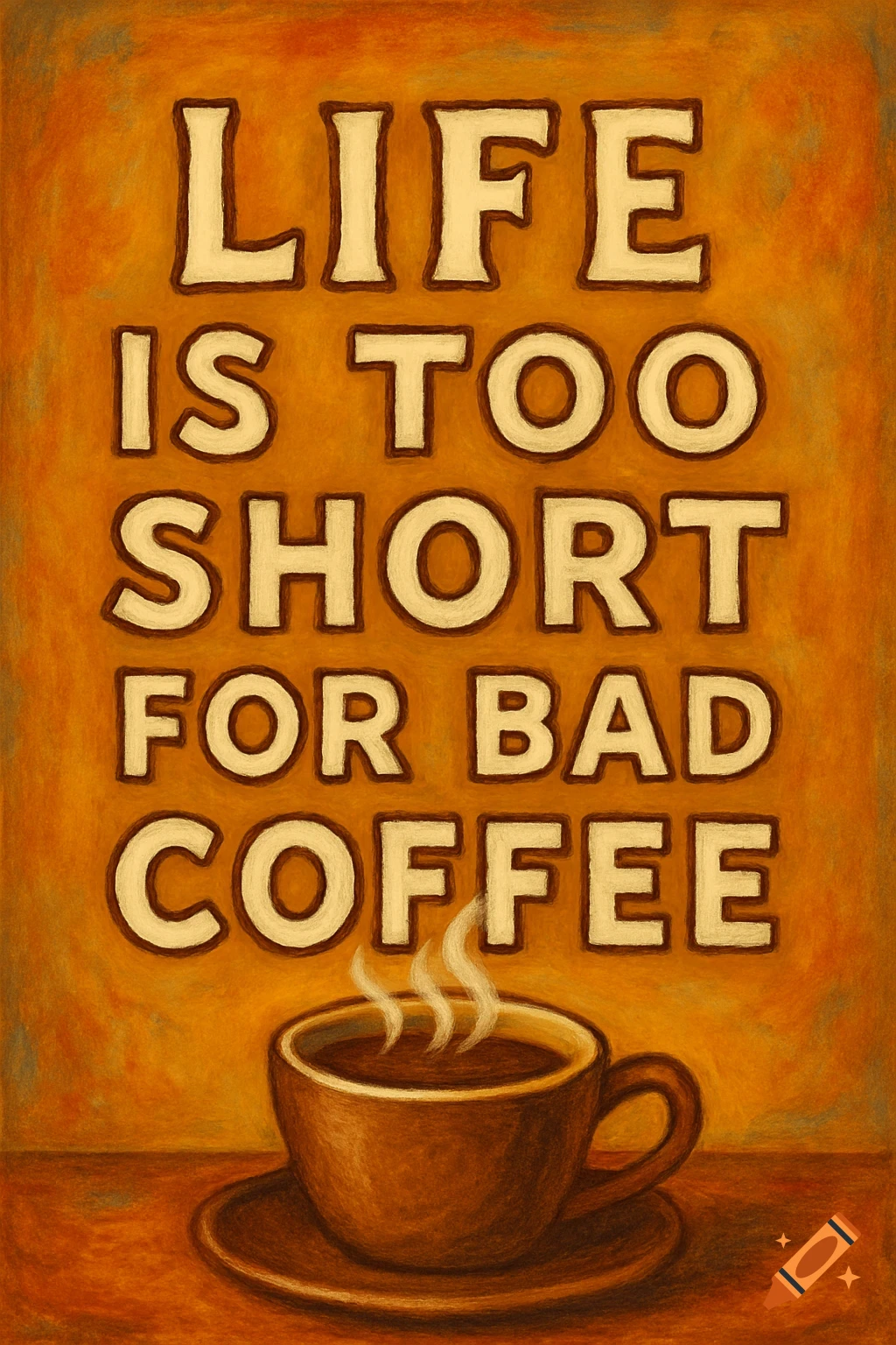 A textured illustration of a steaming coffee cup below the quote 'Life is too short for bad coffee' on a warm orange background.