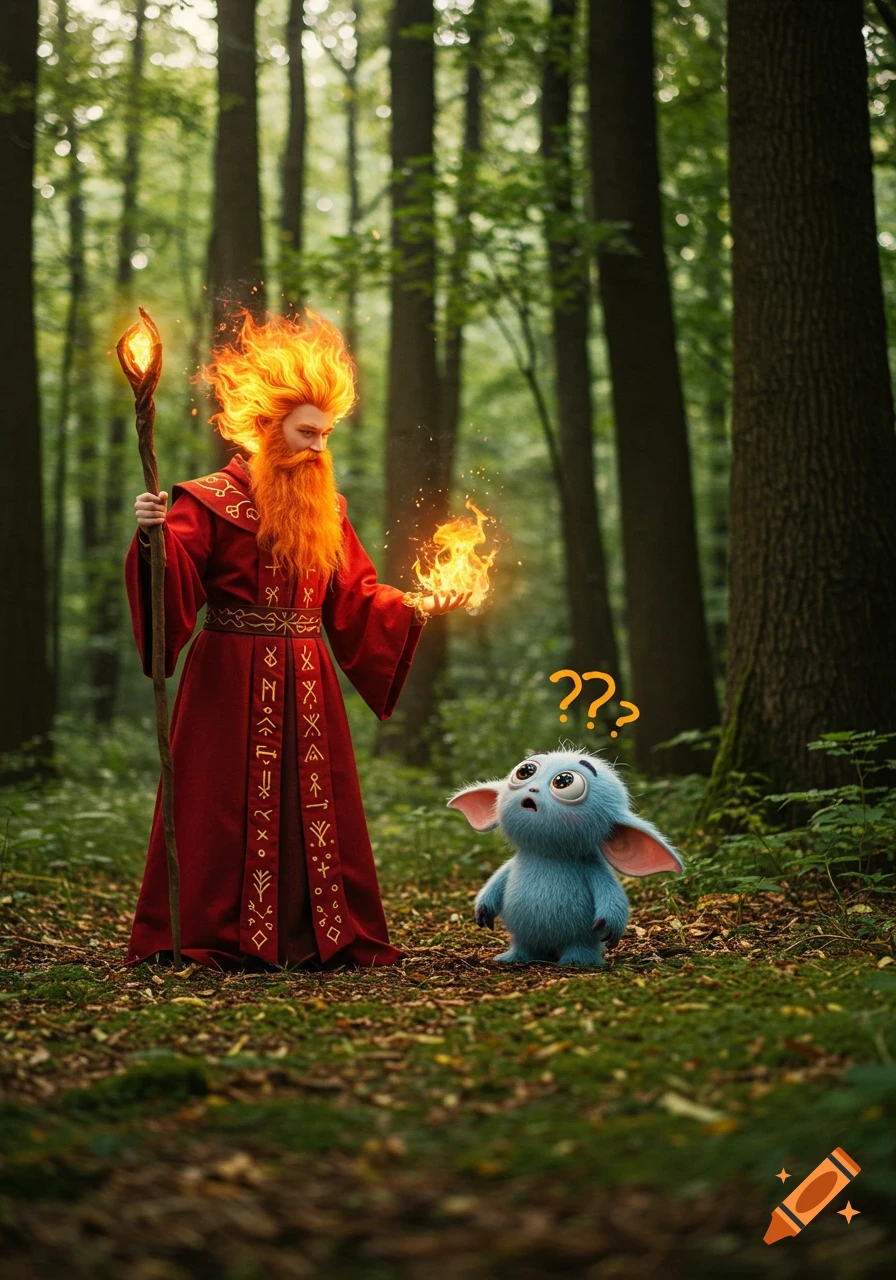 A red-robed fire wizard with a fiery beard holding a staff, conjuring flames, bewildering a fluffy blue creature with big ears in a forest.
