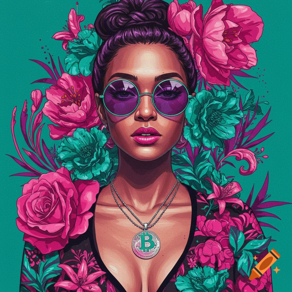 A vibrant pop art portrait of a woman with purple hair, sunglasses, and a Bitcoin pendant, surrounded by pink and teal flowers.