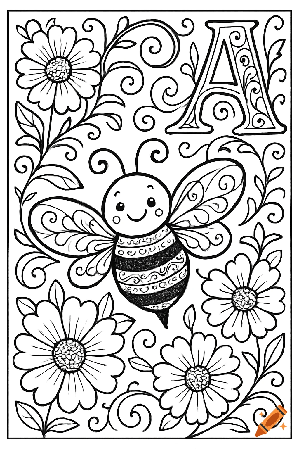 Black and white coloring page featuring a bee, flowers, and a large decorative letter A.