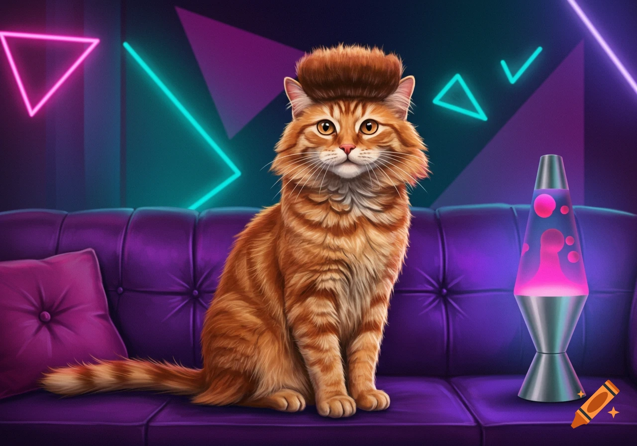 An orange cat with a mullet sits on a purple couch with a lava lamp, against a neon synthwave background.