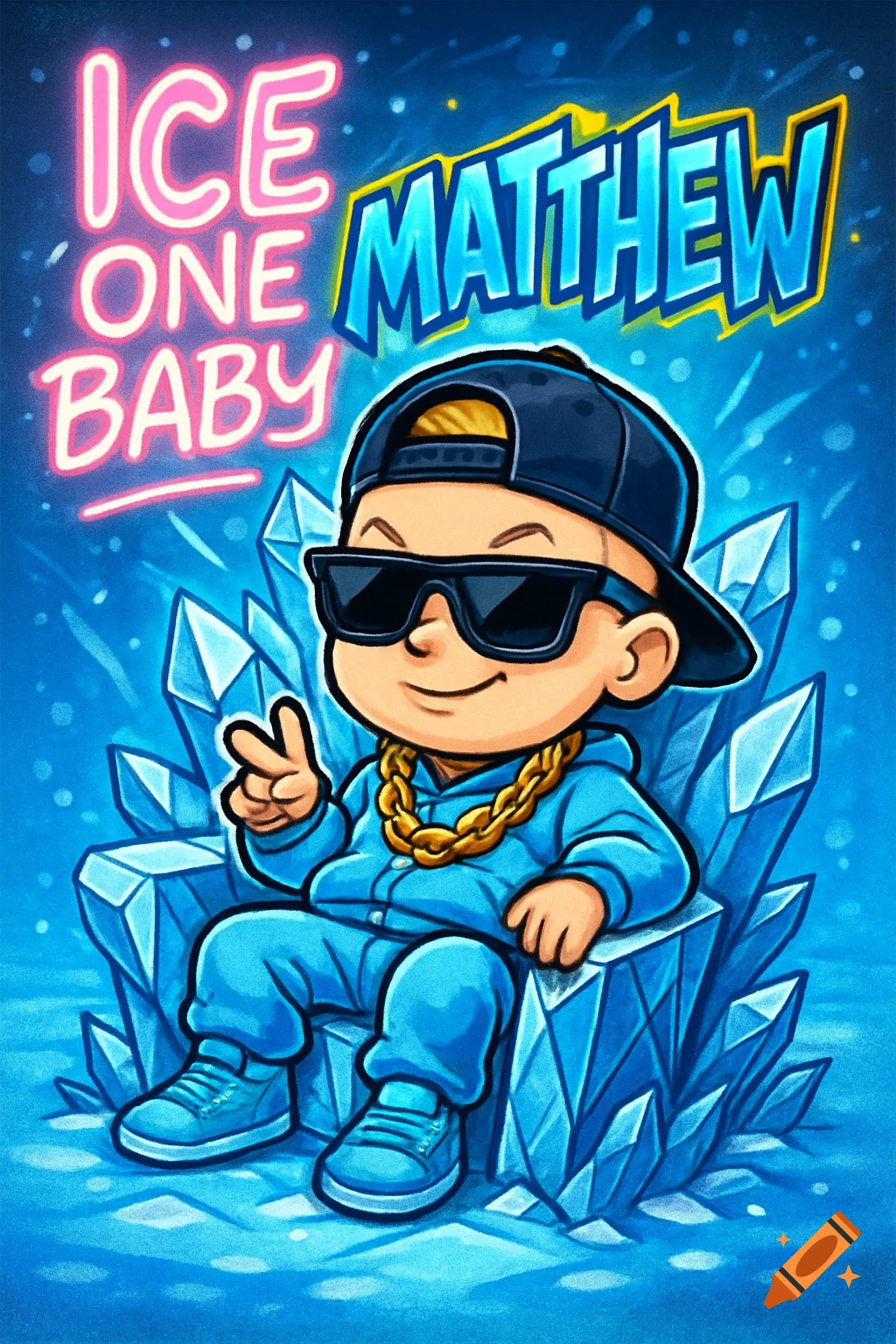 Cartoon illustration of a baby in hip-hop attire, sitting on an ice throne. Neon text says 'ICE ONE BABY' and 'MATTHEW'.