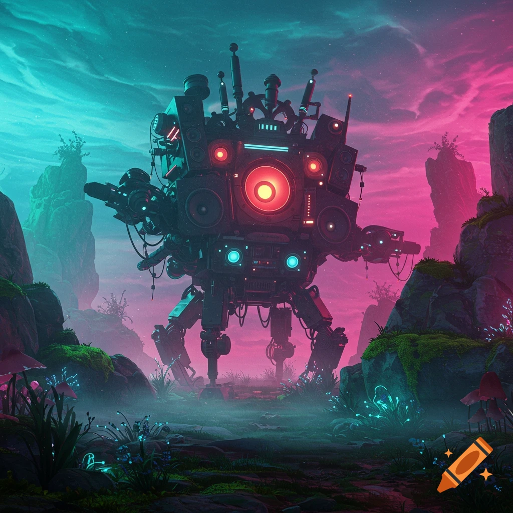 A large, multi-limbed mechanical creature resembling a boombox, with glowing red and blue lights, stands in a misty, vibrant cyan and magenta alien landscape.