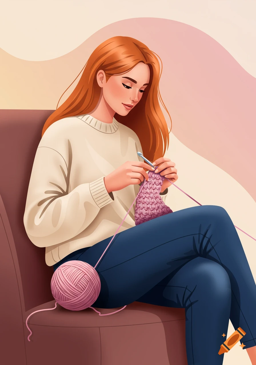 Illustration of a red-haired woman sitting and crocheting pink yarn.