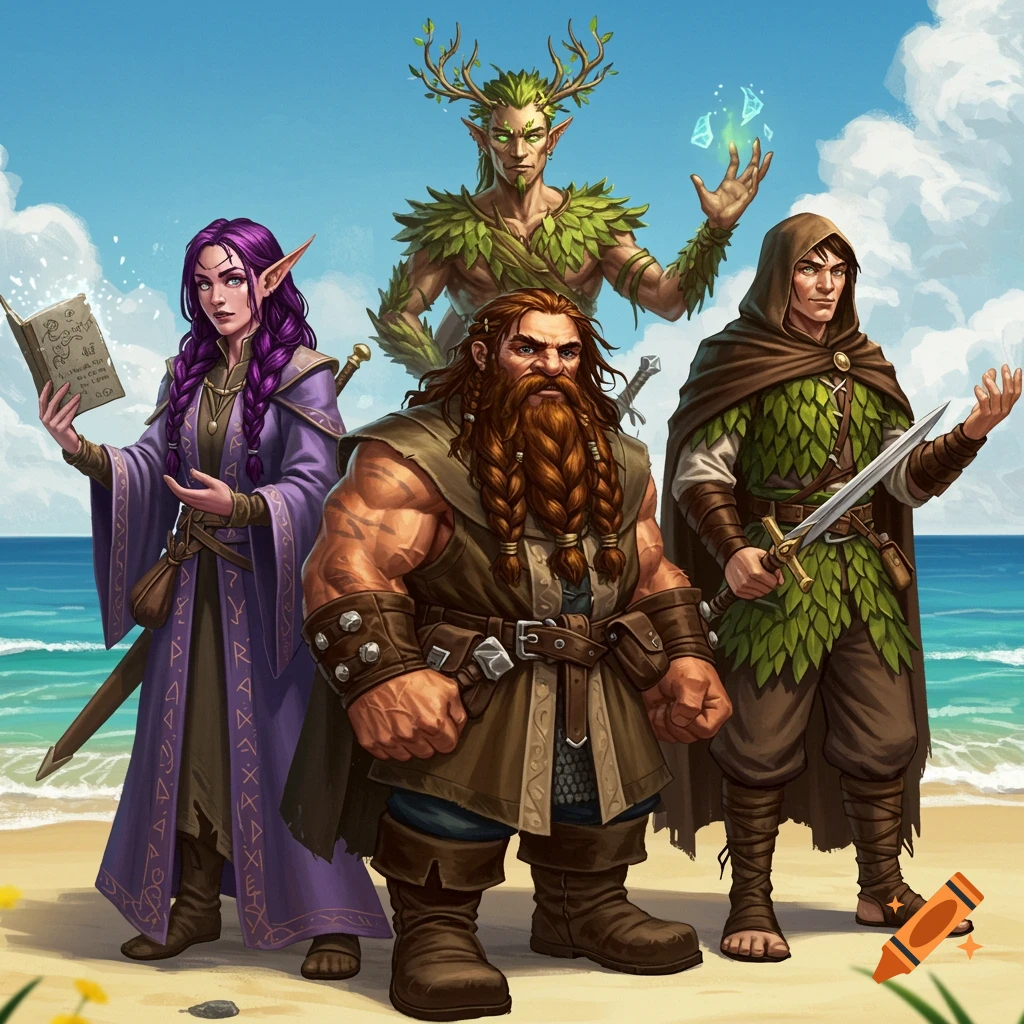 A group of four fantasy adventurers, an elf wizard, a dwarf barbarian, and a human druid, stand on a sunny beach in a stylized art style.