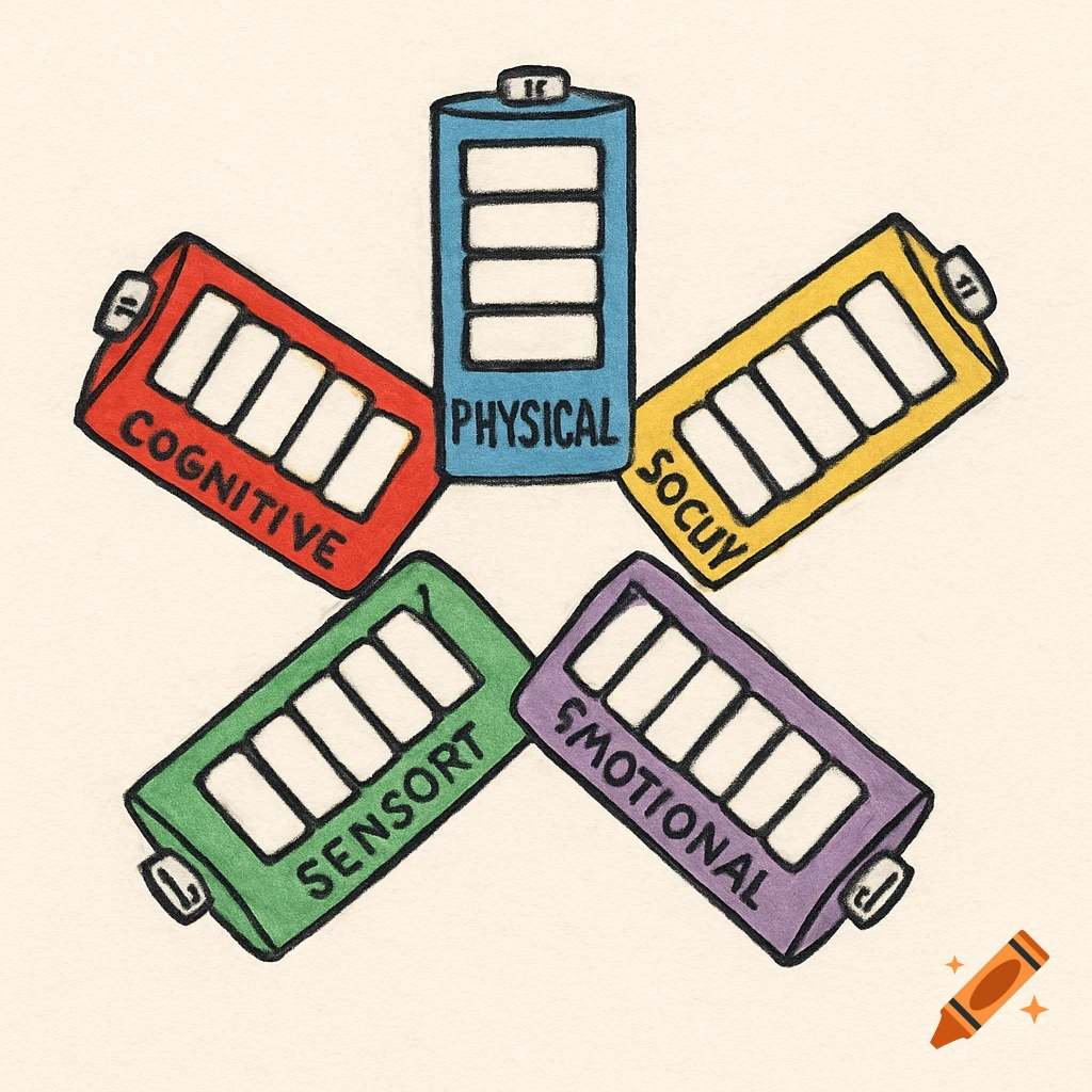 Hand-drawn illustration of five colorful batteries forming a star, labeled 'Cognitive,' 'Physical,' 'Socuy,' 'Sensori,' 'Emotional.'