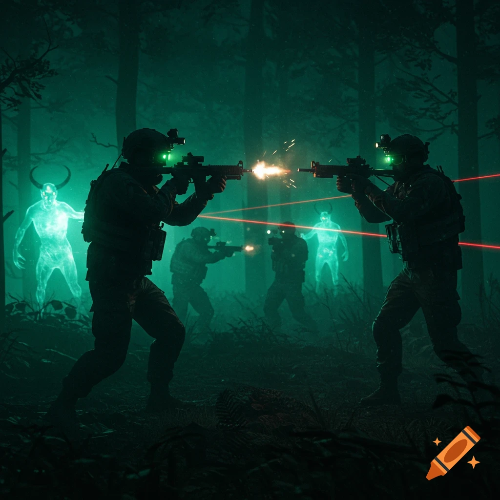Special forces soldiers with night vision goggles fire rifles at glowing horned creatures in a dark, teal-lit forest.
