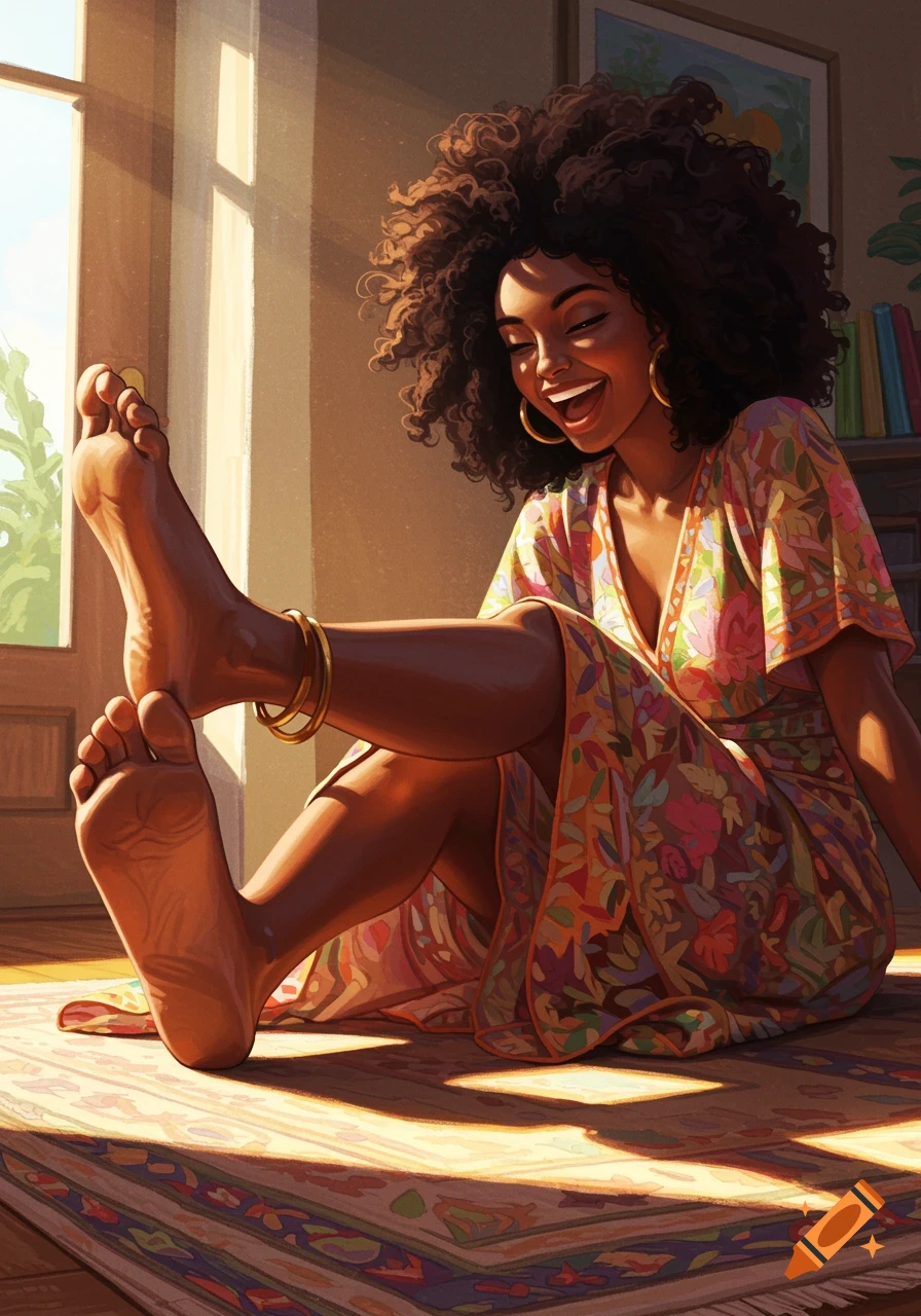 A joyful Black woman with curly hair sits on a sunlit rug, laughing, with her bare feet lifted.