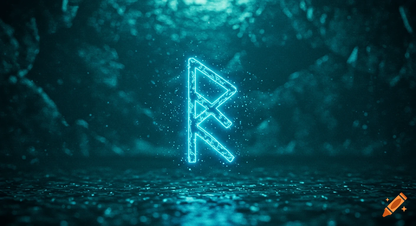 A glowing blue runic sign, specifically the Algiz rune, stands against a dark, textured background with sparkling particles.