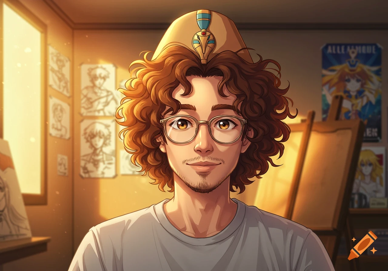 Anime portrait of a man with curly hair, glasses, and an Egyptian hat, in an art studio.