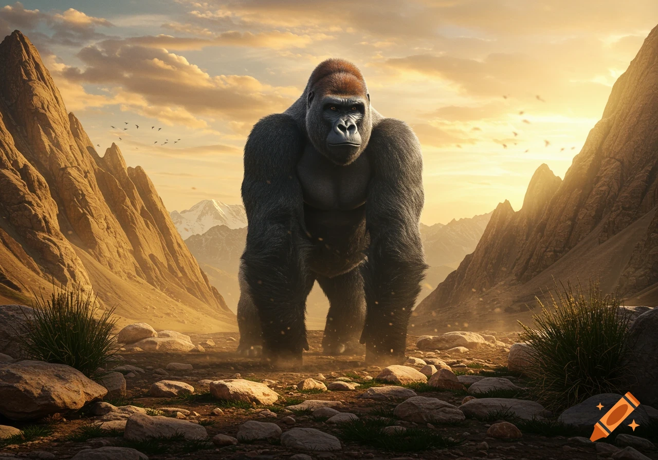 A majestic photorealistic gorilla stands in a vast, rocky mountain landscape under a golden sunset sky, with birds in the distance.