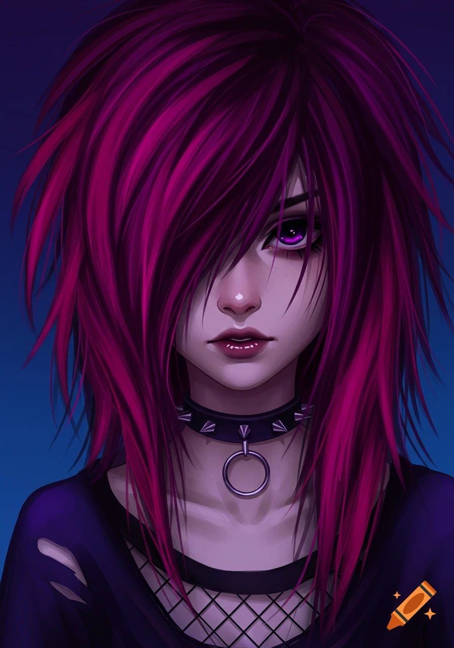 Anime-style portrait of an emo girl with vibrant pink hair covering one eye, wearing a spiked choker and fishnet top.