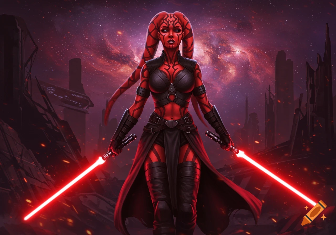 A red-skinned Twi'lek woman (Darth Talon) with black markings and head-tails stands holding two red lightsabers against a vibrant cosmic background.