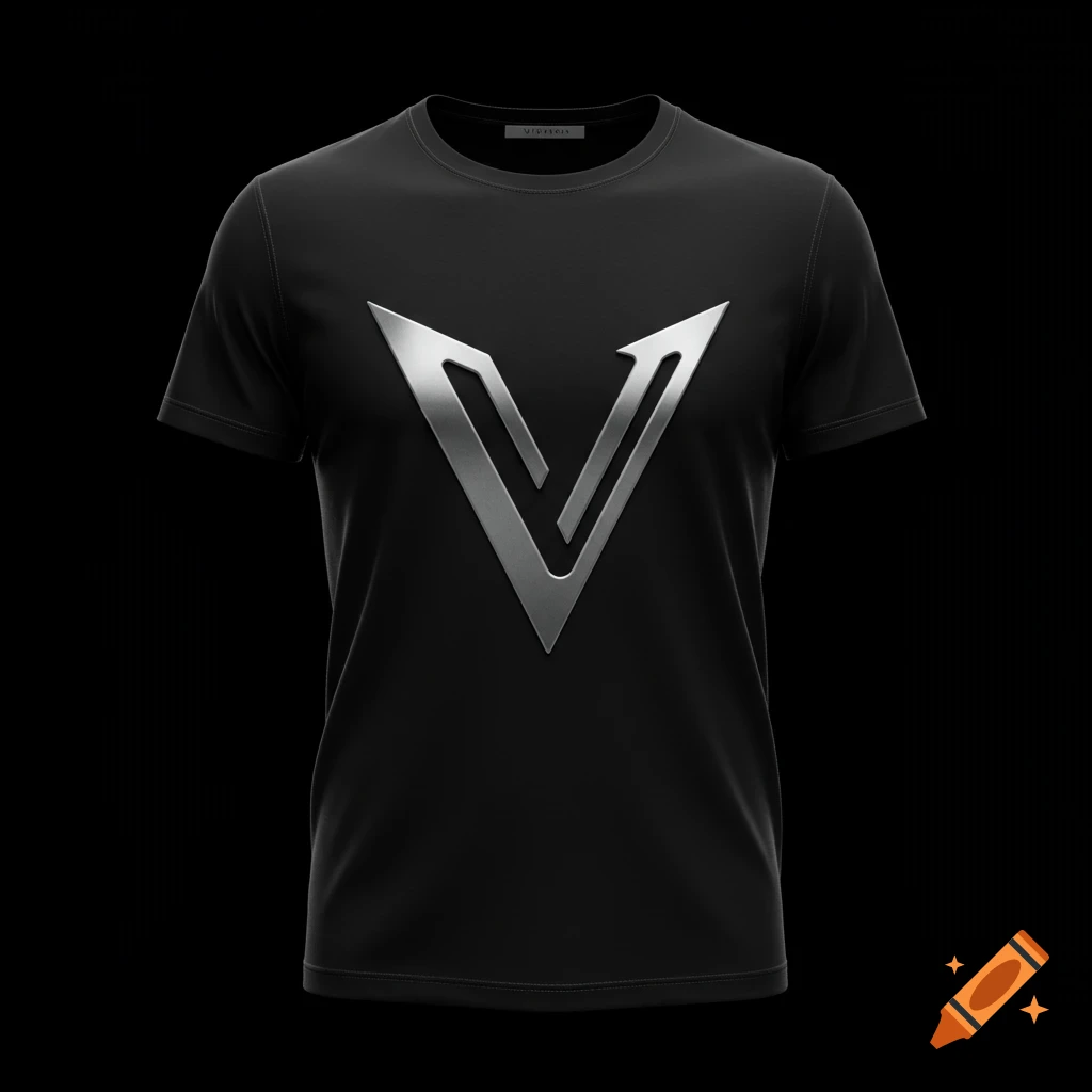 A black t-shirt with a shiny silver metallic V-shaped logo on the chest, against a black background.