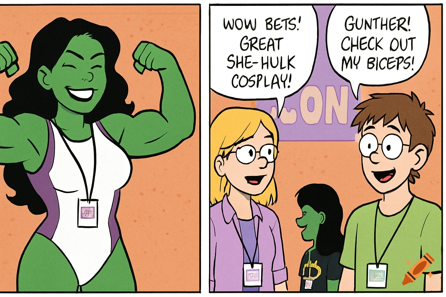 A comic strip panel showing She-Hulk flexing her muscles on the left. On the right, two people talk, with one saying "WOW BETS! GREAT SHE-HULK COSPLAY!" and the other saying "GUNTHER! CHECK OUT MY BICEPS!" in a cartoon style.