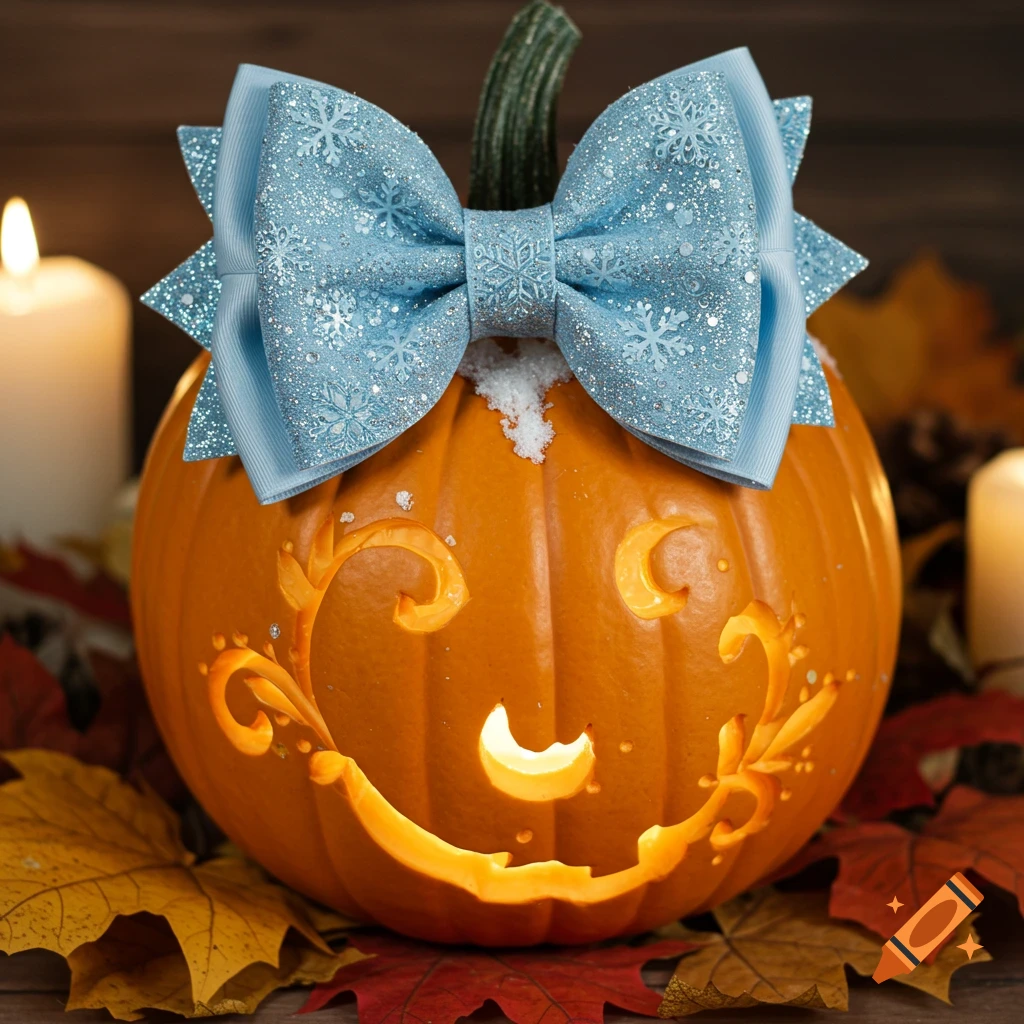 A close-up shot of an orange carved pumpkin with a light blue sparkly bow on top, surrounded by colorful fall leaves.