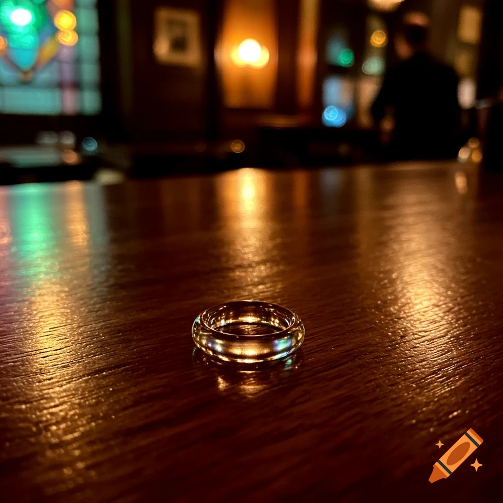 A close-up of a reflective gold ring on a dark wooden bar top with blurred warm lights in the background, photorealistic.