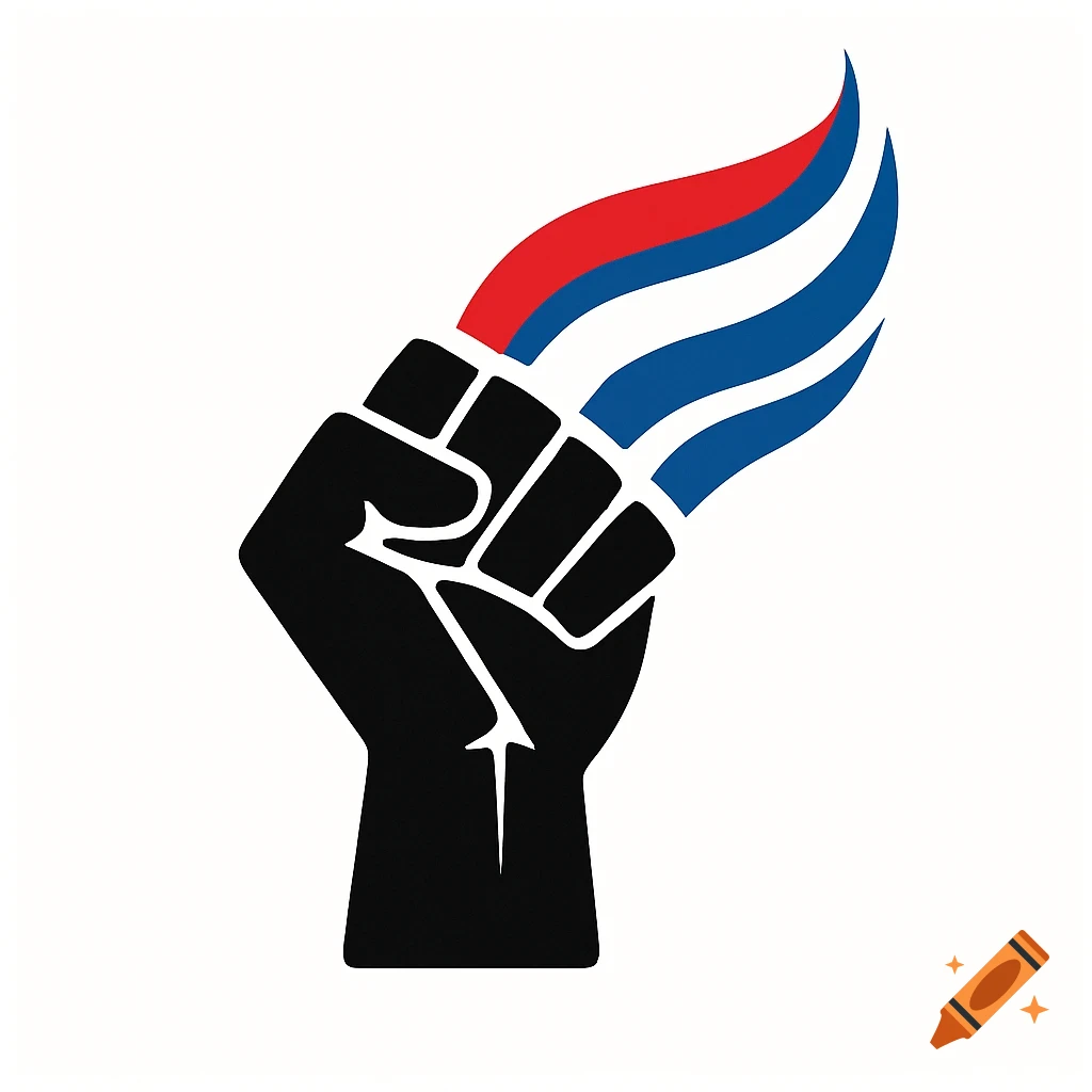 A black raised fist with red, white, and blue wavy lines resembling fire or gas rising from its top.
