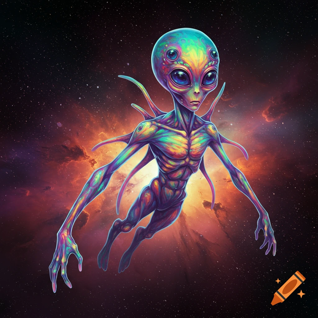 A vibrant, multicolored alien with multiple eyes and delicate limbs floats in deep space against a background of colorful nebulae and stars.