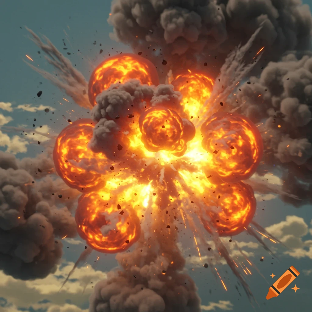 A large fiery explosion with dense dark smoke erupts in a blue sky, sending debris flying.