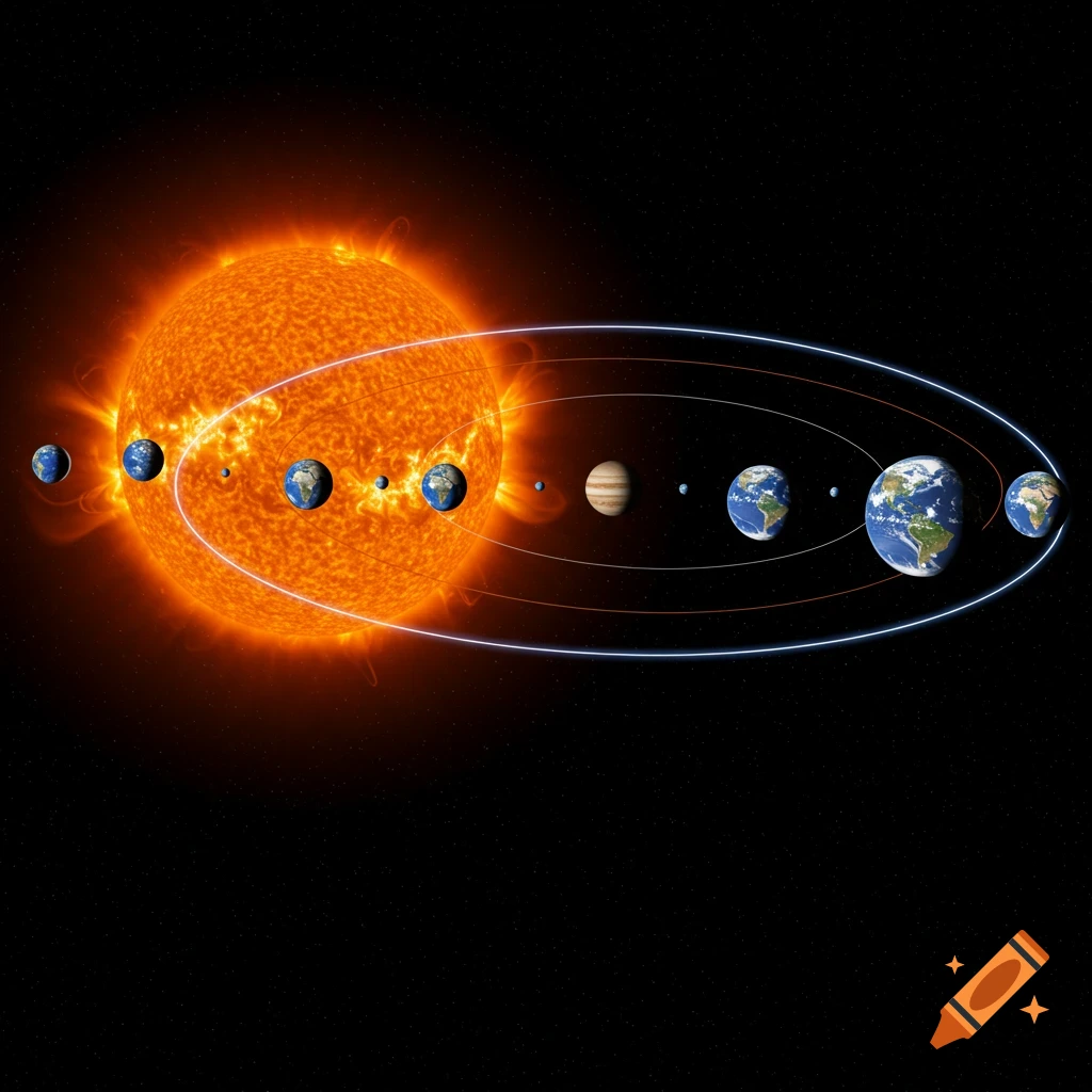 A scientific illustration of the Sun and multiple planets, including Jupiter and several Earths, orbiting along their paths.