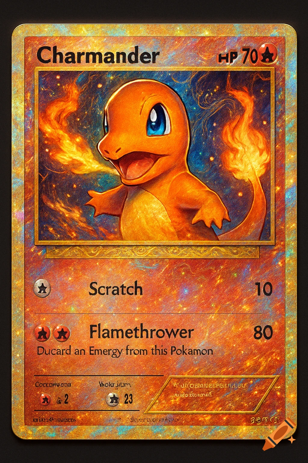 A detailed, holographic Pokémon card featuring Charmander breathing fire, in an anime style.