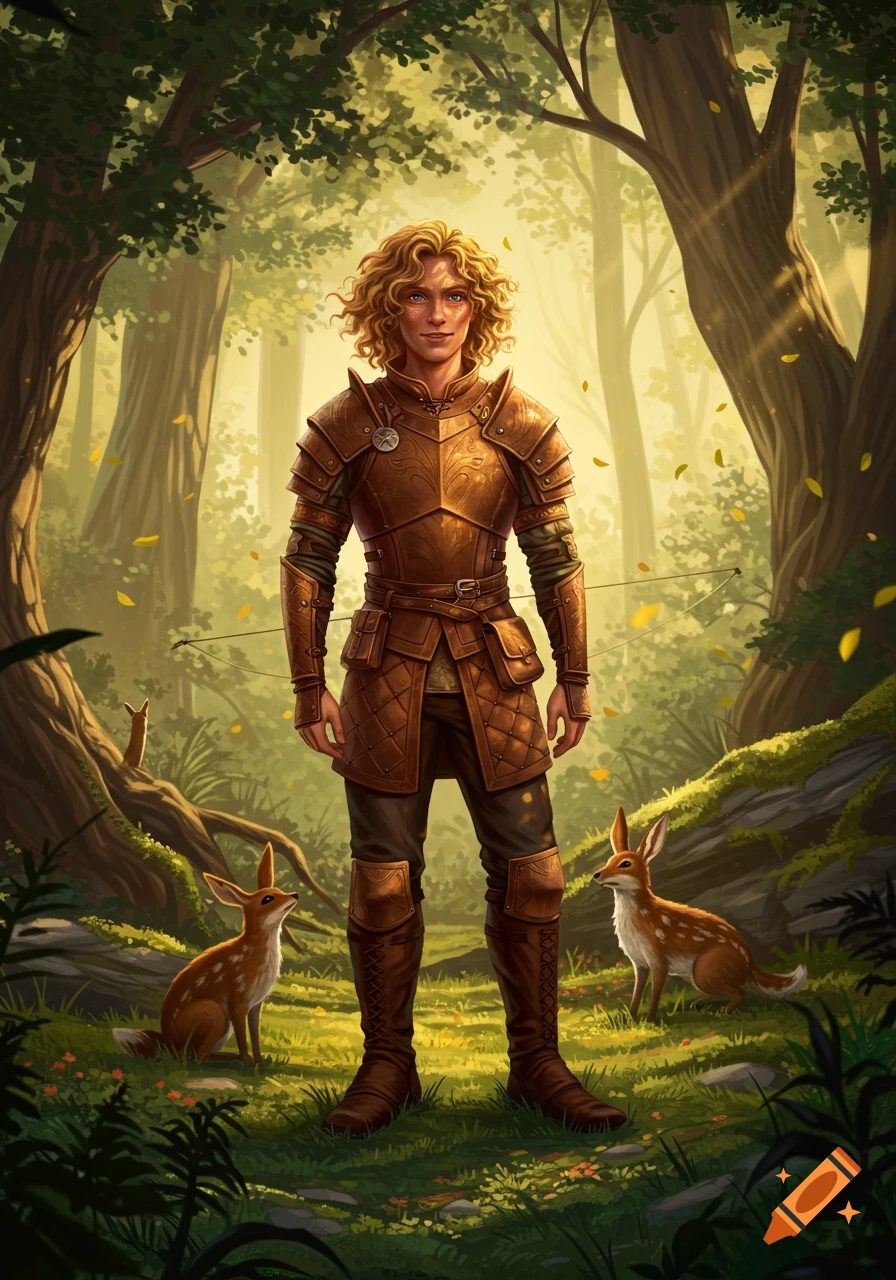 A young male ranger with blonde curly hair and freckles stands in a sunlit forest, wearing brown leather armor with a bow. Two small fawns are nearby.