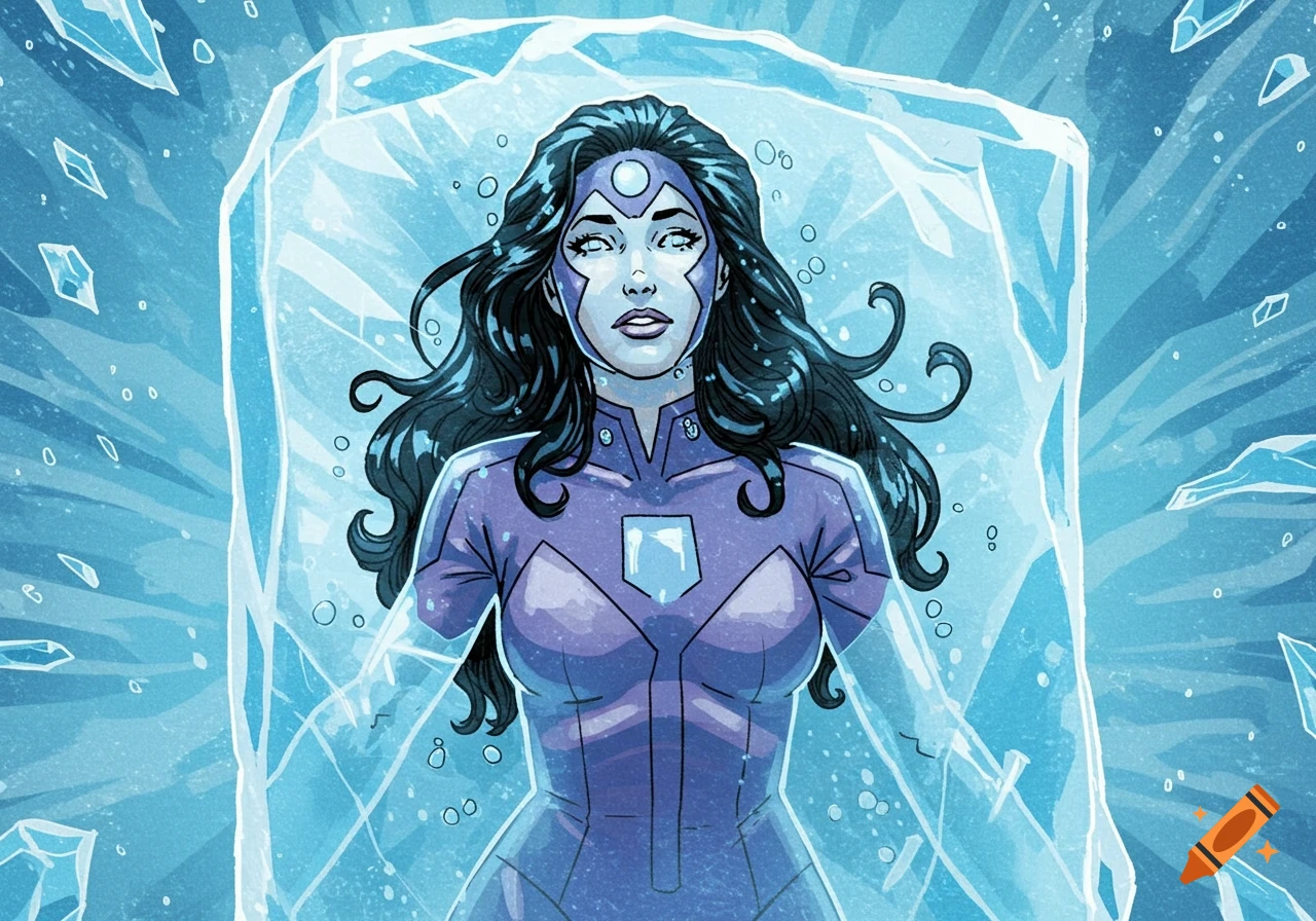 Crystal from Marvel Comics, a woman in a purple suit, frozen upright in a large block of ice, in comic art style.